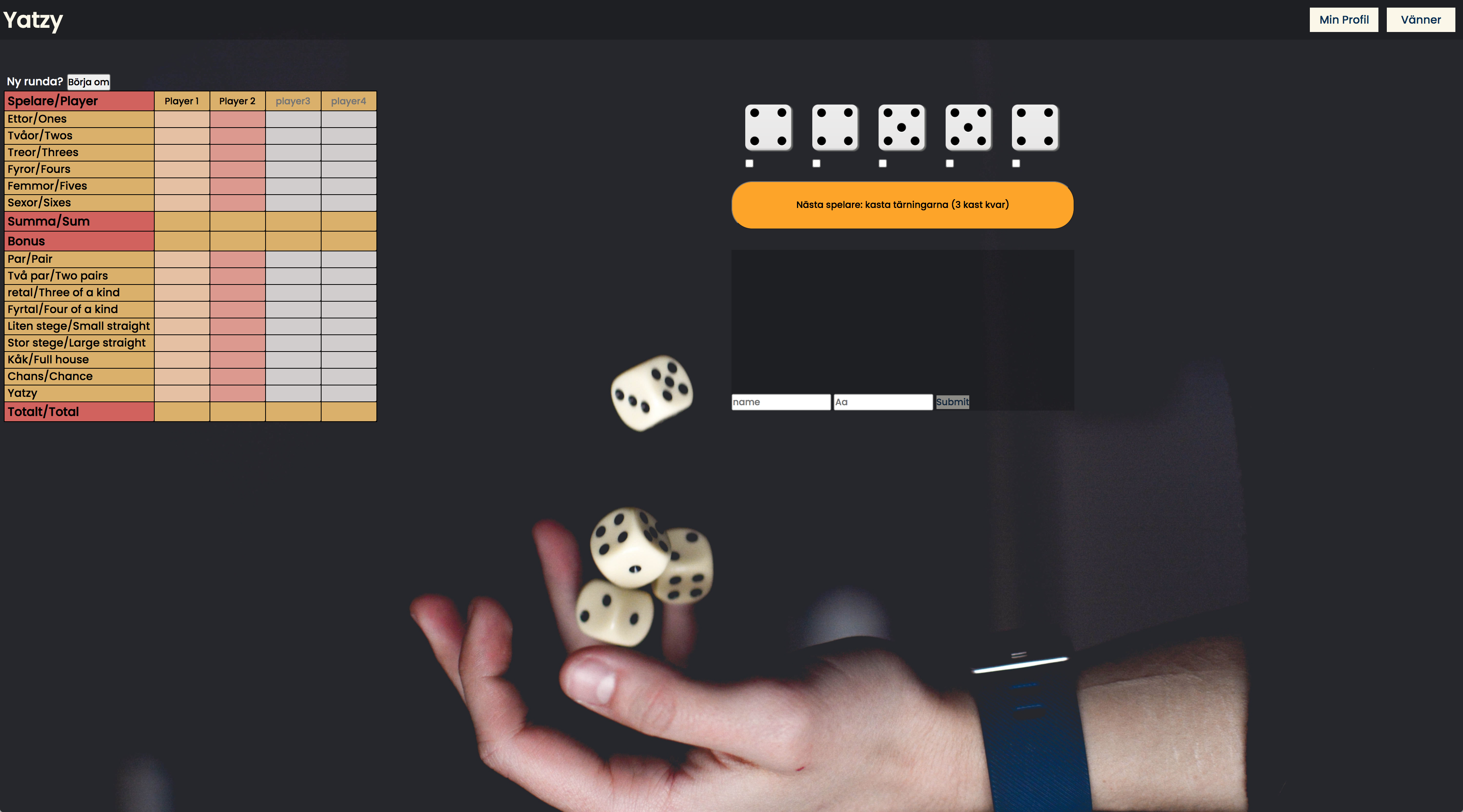 screenshot of javascript yatzy game