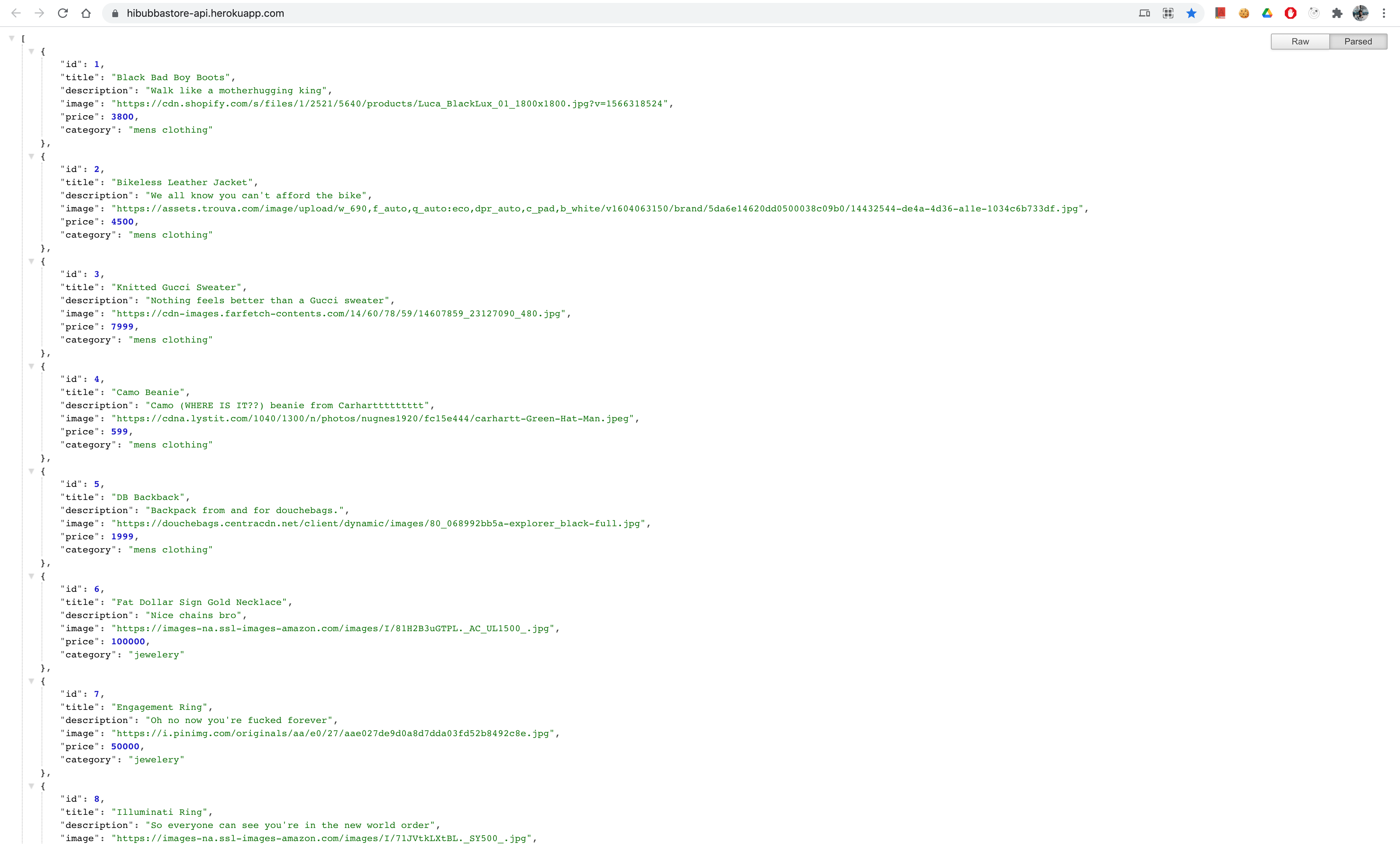 screenshot of web store API